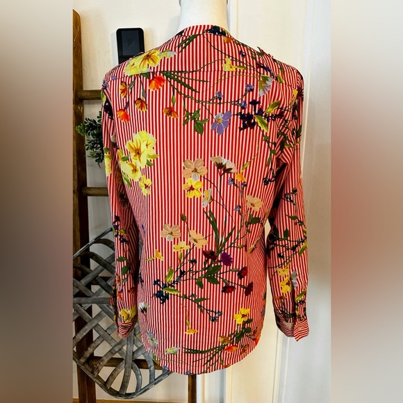 Calvin Klein Vibrant Red & White Striped Floral Button Down Blouse - Picture 5 of 10